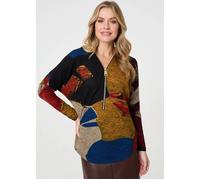 Izabel London Abstract Zip V-Neck Long Sleeve Relaxed Top In Red Red 12