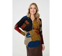 Abstract Zip V-Neck Long Sleeve Relaxed Top Izabel London Red 14