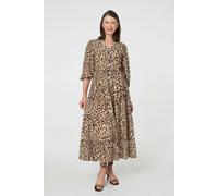 Izabel London Animal Print 3/4 Puff Sleeve Midi Dress - 8 - Brown