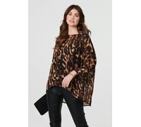 Izabel London Animal Print 3/4 Sleeve Blouse top for Women UK with a Round Neck and a Curved Hem. Brown