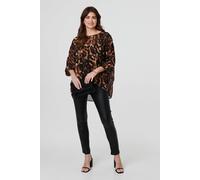 Izabel London Animal Print 3/4 Sleeve Blouse top for Women UK with a Round Neck and a Curved Hem. Brown