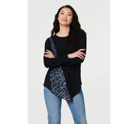 Izabel London Animal Print Asymmetric Long Sleeve Top In Black Black