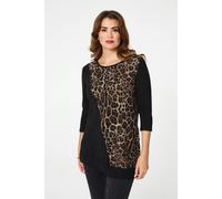 Izabel London Animal Print Asymmetric Tunic Top for Women UK with Studded Embellishments and 3/4 Sleeves. Black