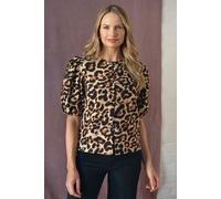 Izabel London Animal Print Bow Front Puff Sleeve Shirt - Beige - 18