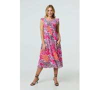 Izabel London Animal Print Cap Sleeve Smocked Midi Dress - Pink - 14