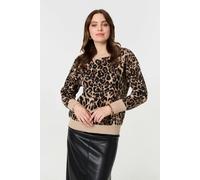 Izabel London Animal Print Contrast Hem Knit Jumper for Women UK with Soft Texture, Round Neck and Long Sleeves. Beige