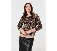 Izabel London Animal Print Contrast Hem Knit Jumper In Beige Beige 8