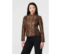 Izabel London Animal Print Faux Leather Jacket For Women UK with a zip front, a high neck and long sleeves.
