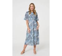 Izabel London Animal Print Flared Sleeve Midi Dress In Blue Blue 8