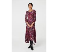 Izabel London Animal Print Hanky Hem Jersey Dress for Women UK with a Round Neck, 3/4 Sleeves and midi Skirt. Red