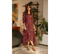 Izabel London Animal Print Hanky Hem Jersey Dress for Women UK with a Round Neck, 3/4 Sleeves and midi Skirt. Red