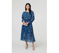 Izabel London Women's Animal Print Pleated Midi Dress in Blue | Size: Small Izabel London Blue S