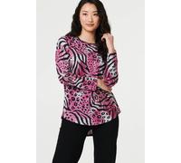 Izabel London Animal Print Long Sleeve Curve Hem Top - Pink - 12