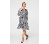 Izabel London Animal Print Long Sleeve Dress for Women UK with Round Neck, Belt and Knee Length fit. Black