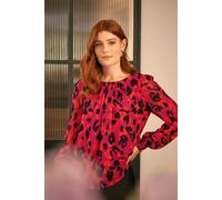Izabel London Animal Print Long Sleeve Ruched Blouse for Women UK with a Ruched Round Neck and a Curve Hem. Pink