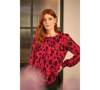 Izabel London Animal Print Long Sleeve Ruched Blouse for Women UK with a Ruched Round Neck and a Curve Hem. Pink