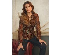 Izabel London Animal Print Long Sleeve Tie Neck Blouse - 8 - Brown