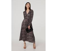 Izabel London Animal Print Pleated Wrap Midi Dress for Women UK with a v-Neck, tie Waist and Long Sleeves. Black