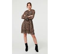 Izabel London Animal Print Ruched Tie Neck Short Dress - Brown - 10