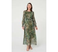 Izabel London Animal Print Semi Sheer Tie Maxi Dress - 18 - Green