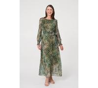 Izabel London Animal Print Semi Sheer Tie Maxi Dress - 16 - Green