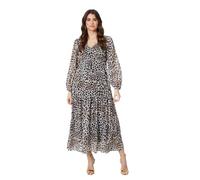 Izabel London Animal Print Semi Sheer Tiered Maxi Dress for Women UK with Long Puff Sleeves and a v-Neck. Beige