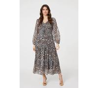 Izabel London Animal Print Semi Sheer Tiered Maxi Dress for Women UK with Long Puff Sleeves and a v-Neck. Beige