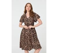 Izabel London Animal Print Shirred Knee Length Dress In Beige Beige 12