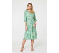 Izabel London Animal Print Slim Fit Midi Dress for Women UK with v-Neck, 3/4 Sleeves and midi Length Hem. Green