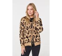 Izabel London Animal Print Tie Front Cardigan for Women UK with a Relaxed fit, Long Sleeves and Drop Shoulders. Brown