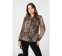 Izabel London Animal Print Tie Neck Long Sleeve Blouse - Beige - 12