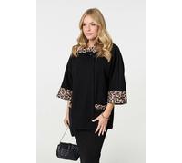 Izabel London Animal Print Trim 3/4 Sleeve Cape Coat - Black - M/L