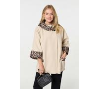 Izabel London Animal Print Trim 3/4 Sleeve Cape Coat - Cream - S/M