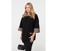 Izabel London Animal Print Trim 3/4 Sleeve Cape Coat In Black Black