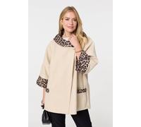 Izabel London Animal Print Trim 3/4 Sleeve Cape Coat - Cream - S/M
