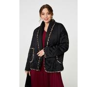 Animal Print Trim Open Front Padded Coat Izabel London Black S/M