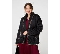 Izabel London Animal Print Trim Open Front Padded Coat In Black Black M/L