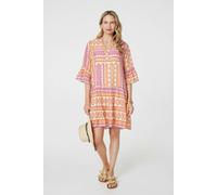 Aztec Print V-Neck 3/4 Sleeve Short Dress Izabel London Pink 12