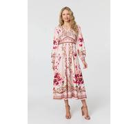 Izabel London Women's Baroque Print Long Sleeve Midi Dress in Pink | Size: 10 Izabel London Pink 10