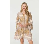 Izabel London Baroque Print Long Sleeve Short Dress - 10 - Beige