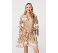 Izabel London Baroque Print Long Sleeve Short Dress - 12 - Beige