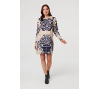 Izabel London Women's Baroque Print Short Jumper Dress in Beige | Size: Small Izabel London Beige S
