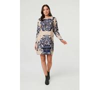 Izabel London Women's Baroque Print Short Jumper Dress in Beige | Size: Large Izabel London Beige L