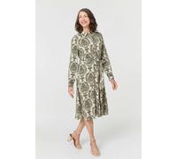 Baroque Print Tie Waist Midi Shirt Dress Izabel London Green 18