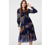Izabel London Blue Multi Feather Print Midi Smock Dress Blue Multi