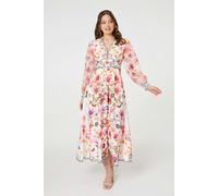 Izabel London Border Print Empire Kimono Maxi Dress for Women UK with a v-Neck and semi Sheer Long Sleeves. Pink