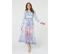 Izabel London Women's Border Print Layered Empire Midi Dress in Blue | Size: 12 Izabel London Blue 12