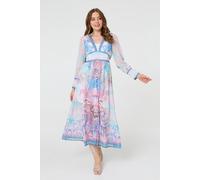 Izabel London Border Print Layered Empire Midi Dress In Blue Blue 10