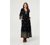 Izabel London Border Print Long Sleeve Maxi Dress - 16 - Black