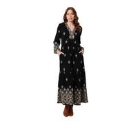 Izabel London Border Print Long Sleeve Maxi Dress for Women UK with a Tiered Shape, a v-Neck and a Relaxed fit. Black